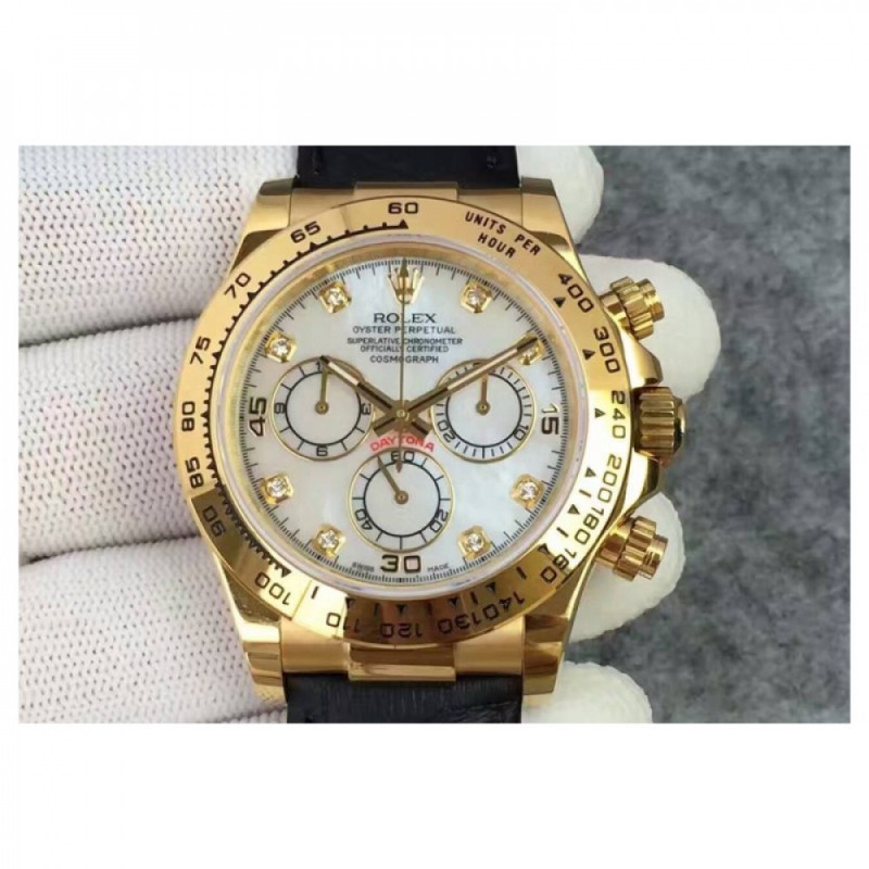 Replica Rolex Daytona Cosmograph 116518 JH Yellow Gold Diamonds & Pearl Dial Swiss 4130 Run 6@SEC