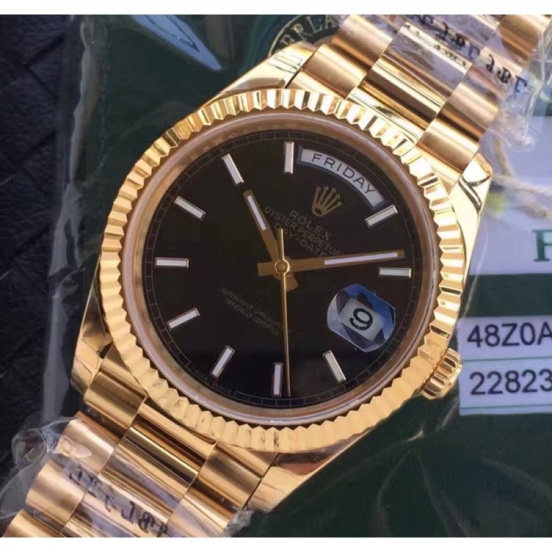 Replica Rolex Day-Date 40 228235 2018 EW Yellow Gold Black Diagonal Dial Swiss 3255