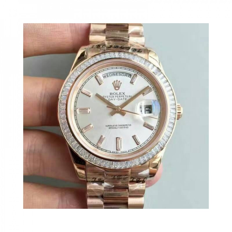 Replica Rolex Day-Date 40 228235 40MM KW Rose Gold & Diamonds Sundust Dial Swiss 3255