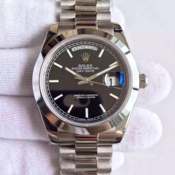 Replica Rolex Day-Date 40 228206 40MM KW Stainless Steel Black Diagonal Dial Swiss 3255