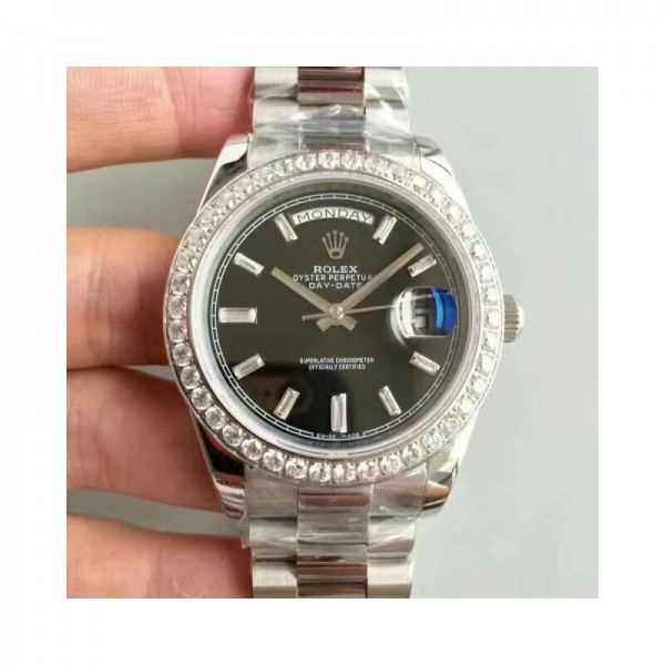 Replica Rolex Day-Date 40 228349RBR 40MM KW Stainless Steel & Diamonds Black Dial Swiss 3255