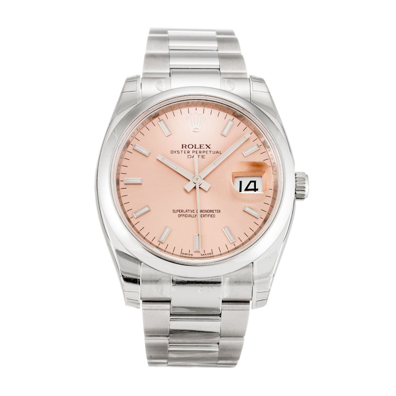 Best AAA Salmon Baton Dial Replica Rolex Oyster Perpetual Date 115200-34 MM