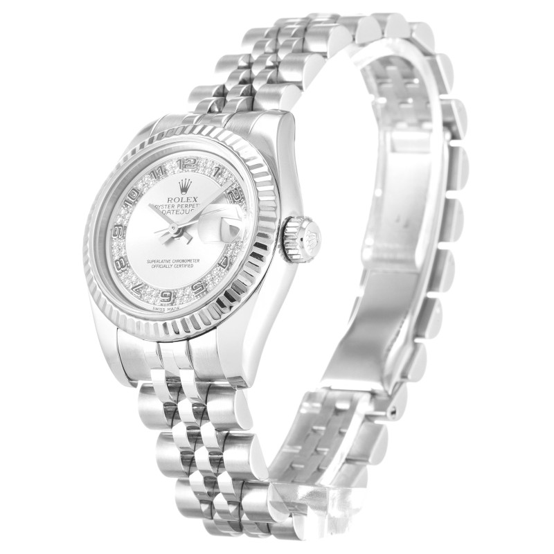 Best AAA Silver Diamond Dial 26 MM Women Replica Rolex Datejust Lady 179174-26 MM