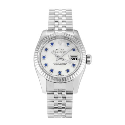 Best AAA Mother Of Peari - White & Sapphire Dial 26 MM Women Replica Rolex Datejust Lady 179174-26 MM