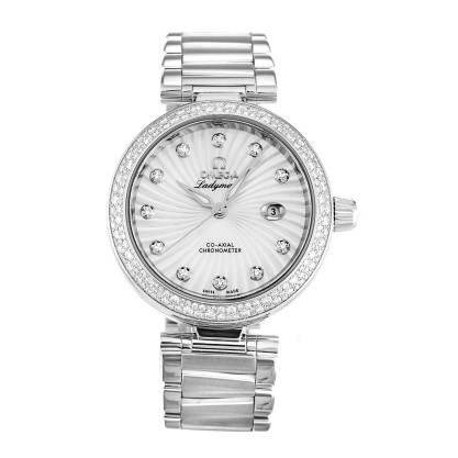 Best AAA Mother of Pearl - White Diamond Dial Replica Omega De Ville Ladymatic 425.35.34.20.55.001-34 MM